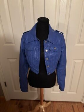 THERAPY Blue Cropped Faux Leather Jacket Size M